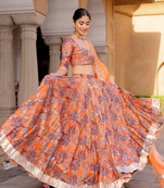 orange digital print chanderi silk lehenga with unstitched blouse and organza dupatta