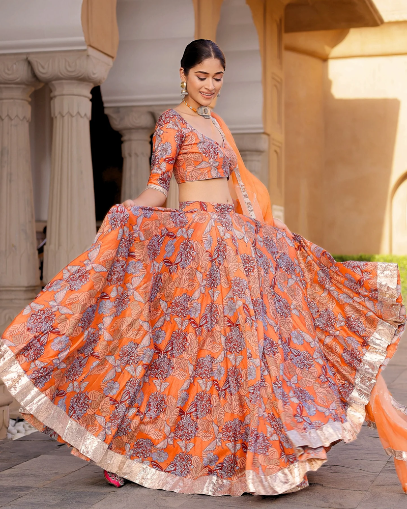 orange digital print chanderi silk lehenga with unstitched blouse and organza dupatta