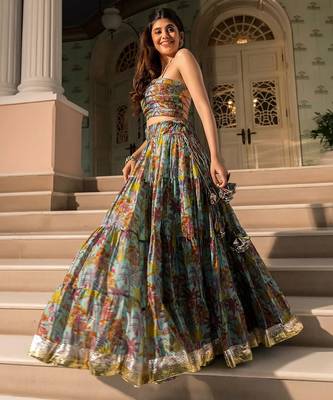 teal digital print chanderi silk lehenga with unstitched blouse and organza dupatta 4