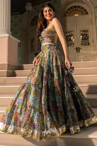 teal digital print chanderi silk lehenga with unstitched blouse and organza dupatta
