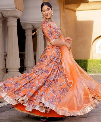 orange digital print chanderi silk lehenga with unstitched blouse and organza dupatta 2
