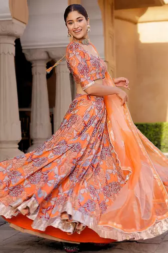 orange digital print chanderi silk lehenga with unstitched blouse and organza dupatta