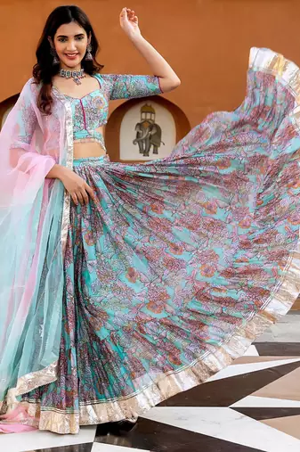 sky-blue digital print chanderi silk lehenga with unstitched blouse and organza dupatta