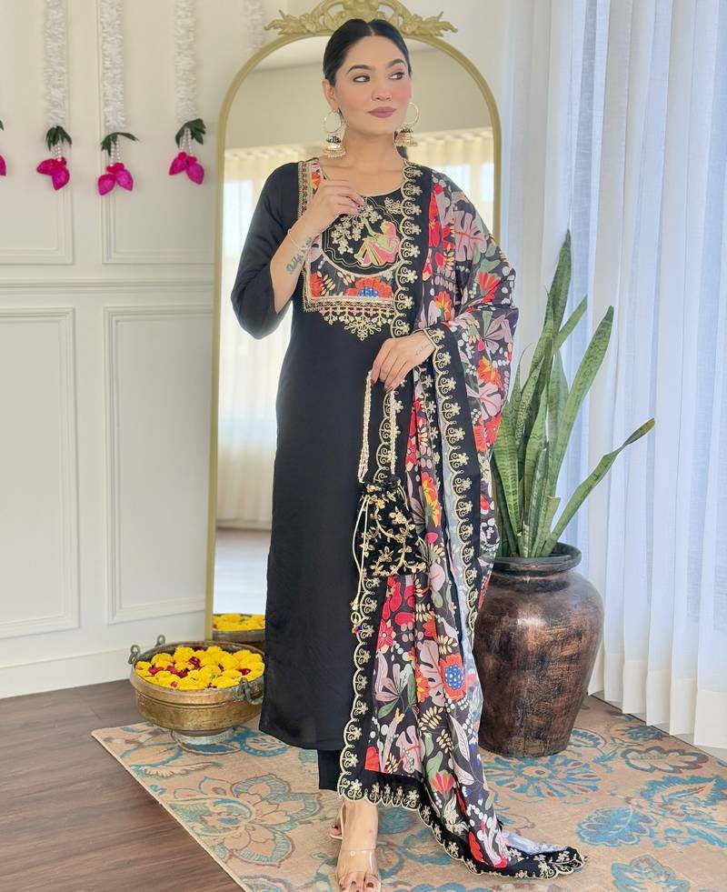 Women’s pure viscose chanderi kurta set with sequin & coding embroidery