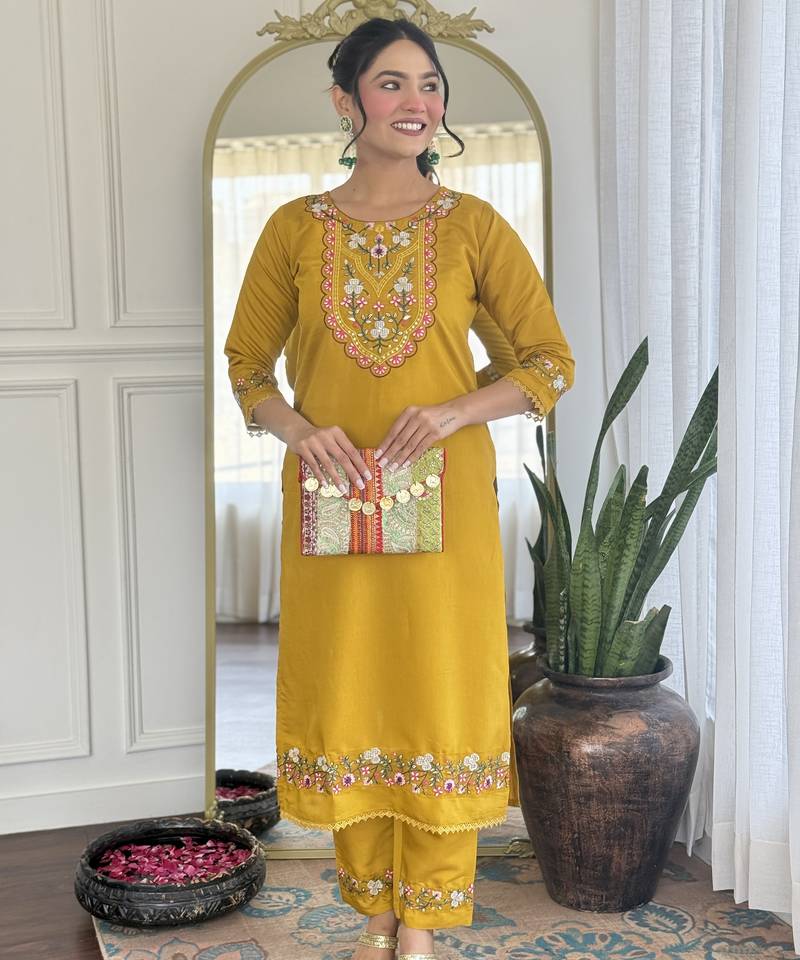 Women’s pure viscose chanderi kurta set with sequin embroidery work