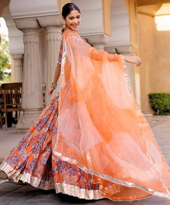 orange digital print chanderi silk lehenga with unstitched blouse and organza dupatta 3
