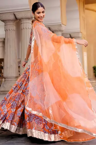 orange digital print chanderi silk lehenga with unstitched blouse and organza dupatta