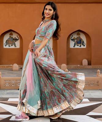 sky-blue digital print chanderi silk lehenga with unstitched blouse and organza dupatta 3