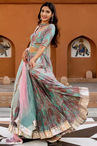 sky-blue digital print chanderi silk lehenga with unstitched blouse and organza dupatta