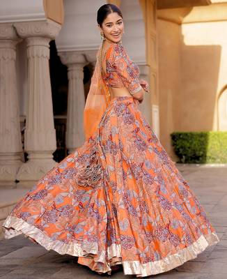 orange digital print chanderi silk lehenga with unstitched blouse and organza dupatta 4