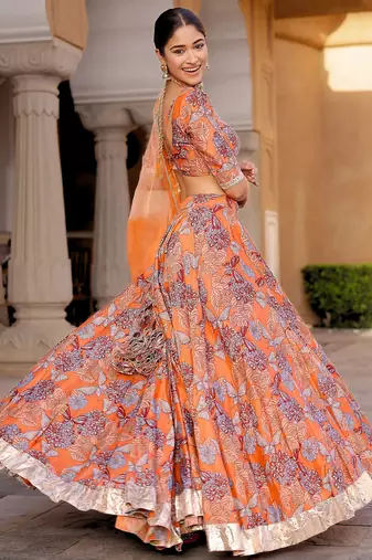 orange digital print chanderi silk lehenga with unstitched blouse and organza dupatta