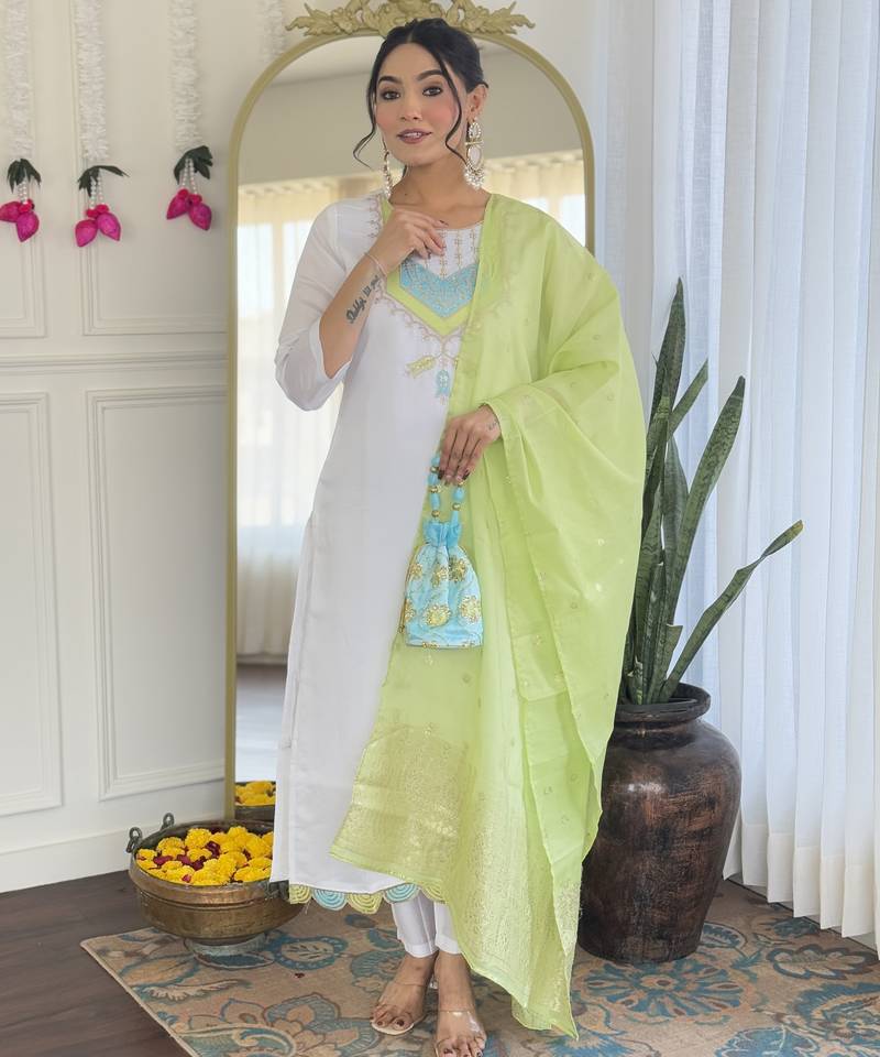 Women’s pure viscose chanderi kurta set with sequin & coding embroidery