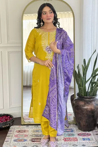 Women’s vichitra silk kurta set with sequin & coding embroidery work