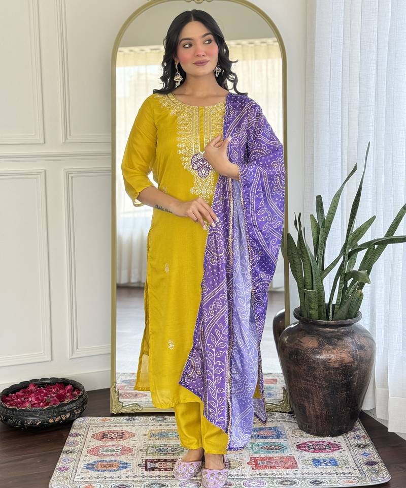 Women’s vichitra silk kurta set with sequin & coding embroidery work