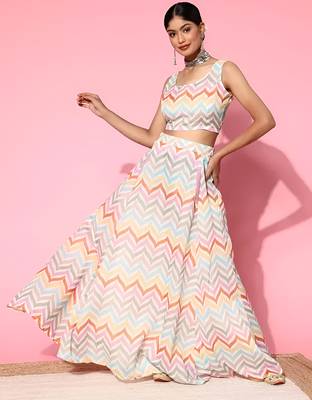 multicolor digital print shiney silk croptop lehenga with unstitched blouse 1