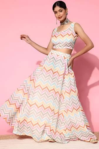 multicolor digital print shiney silk croptop lehenga with unstitched blouse