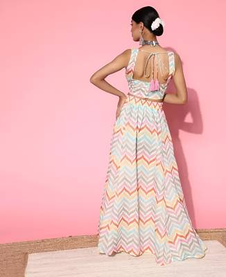 multicolor digital print shiney silk croptop lehenga with unstitched blouse 3