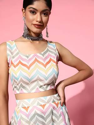 multicolor digital print shiney silk croptop lehenga with unstitched blouse 4