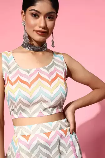 multicolor digital print shiney silk croptop lehenga with unstitched blouse