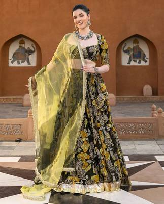 green digital print chanderi silk lehenga with unstitched blouse and organza dupatta 1