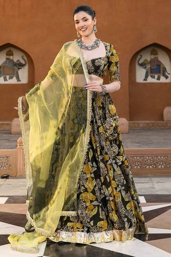 green digital print chanderi silk lehenga with unstitched blouse and organza dupatta