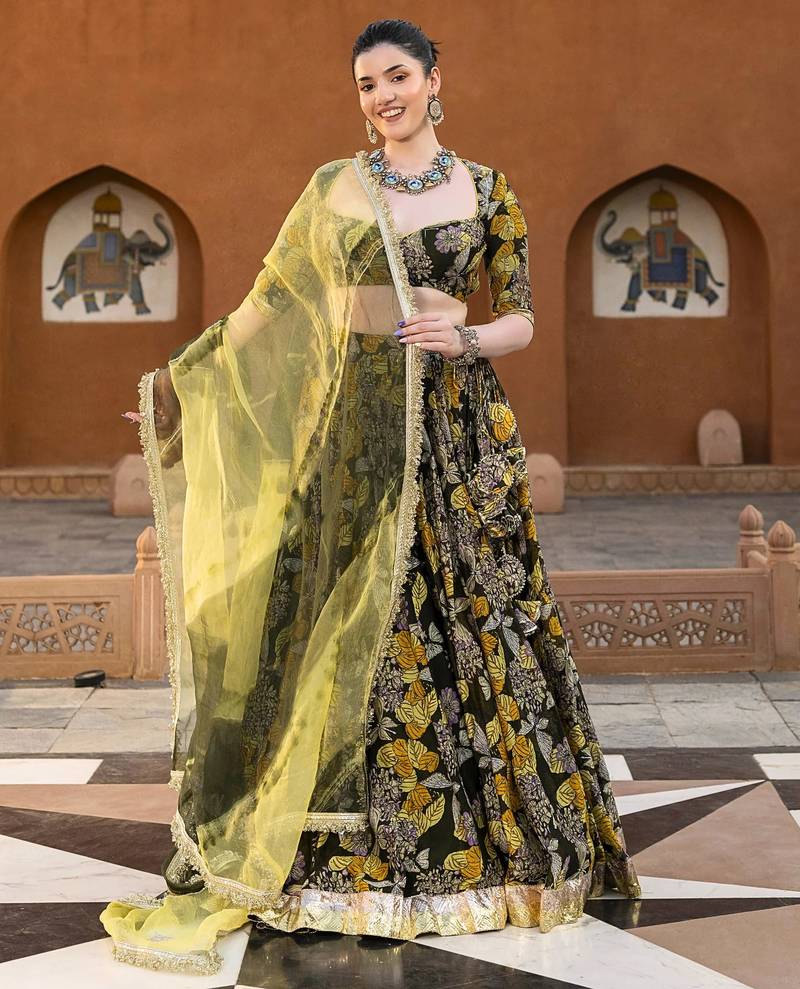 green digital print chanderi silk lehenga with unstitched blouse and organza dupatta