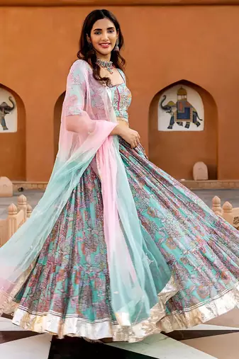 sky-blue digital print chanderi silk lehenga with unstitched blouse and organza dupatta