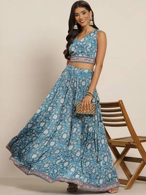 teal digital print shiney silk croptop lehenga with unstitched blouse 1