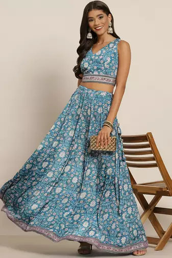 teal digital print shiney silk croptop lehenga with unstitched blouse