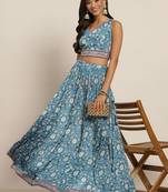 teal digital print shiney silk croptop lehenga with unstitched blouse