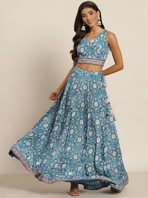 teal digital print shiney silk croptop lehenga with unstitched blouse 2