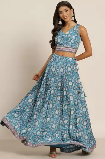 teal digital print shiney silk croptop lehenga with unstitched blouse
