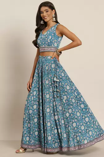 teal digital print shiney silk croptop lehenga with unstitched blouse