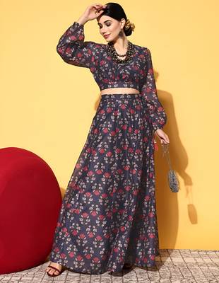 blue digital print shiney silk croptop lehenga with unstitched blouse 1