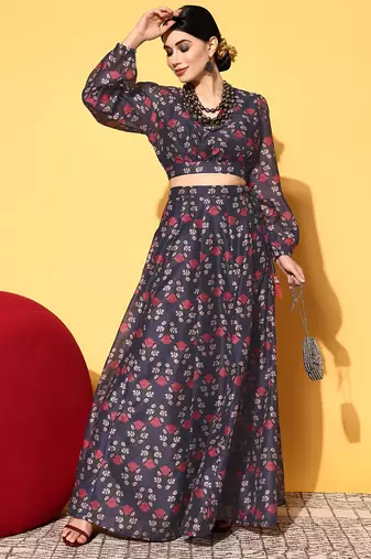 blue digital print shiney silk croptop lehenga with unstitched blouse