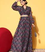 blue digital print shiney silk croptop lehenga with unstitched blouse