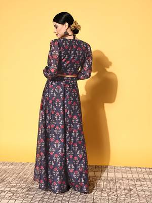 blue digital print shiney silk croptop lehenga with unstitched blouse 3