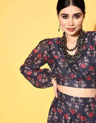 blue digital print shiney silk croptop lehenga with unstitched blouse 4