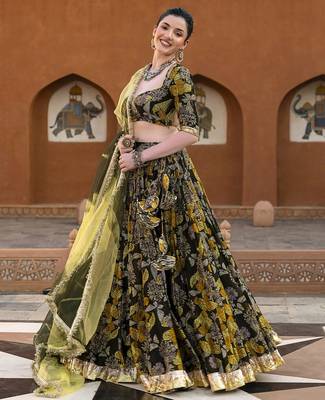 green digital print chanderi silk lehenga with unstitched blouse and organza dupatta 2