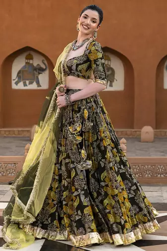 green digital print chanderi silk lehenga with unstitched blouse and organza dupatta