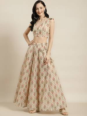 cream digital print shiney silk croptop lehenga with unstitched blouse 1
