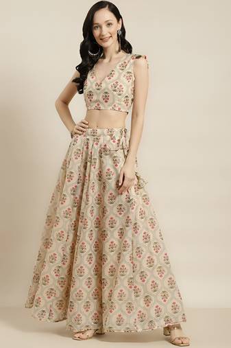 cream digital print shiney silk croptop lehenga with unstitched blouse