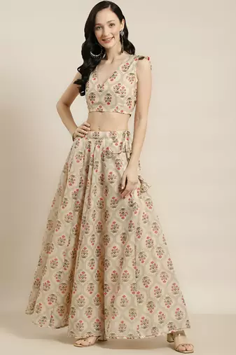 cream digital print shiney silk croptop lehenga with unstitched blouse