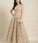 cream digital print shiney silk croptop lehenga with unstitched blouse