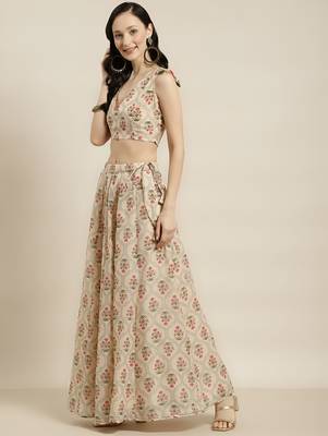 cream digital print shiney silk croptop lehenga with unstitched blouse 2