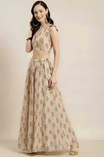 cream digital print shiney silk croptop lehenga with unstitched blouse