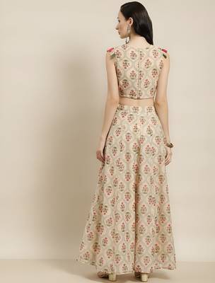 cream digital print shiney silk croptop lehenga with unstitched blouse 3