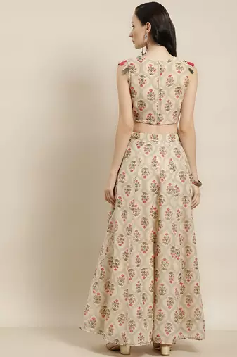 cream digital print shiney silk croptop lehenga with unstitched blouse