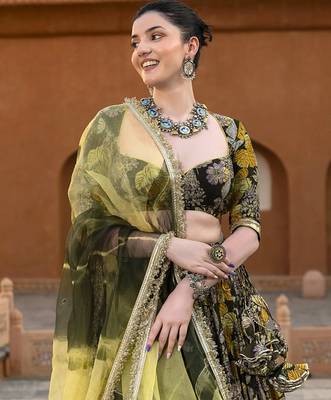 green digital print chanderi silk lehenga with unstitched blouse and organza dupatta 3
