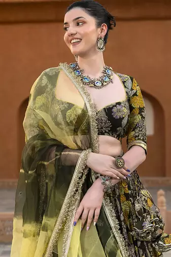 green digital print chanderi silk lehenga with unstitched blouse and organza dupatta